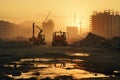 Golden Hues Envelop Deserted Construction Site in Poignant Solitude