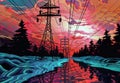 Electricity pylons in the forest at sunset. Vector illustration, generative ai Royalty Free Stock Photo