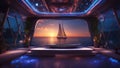 sunset in the bay highly intricately detailed Lone modern sail boat sailing on calm blue water view from window