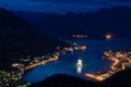 Sunset Bay of Kotor Boka Kotorska at Adriatic Sea, southwestern Montenegro. Night airview with firework from Dinaric Alps at towns Royalty Free Stock Photo