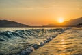 Sunset at the beach in Alanya, Turkey. View of the castle hill and sea Royalty Free Stock Photo
