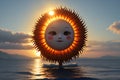 sunset at the beach, baby face and flower shape item in sea