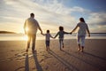 Sunset, beach and back of family holding hands and walking on holiday, summer vacation and weekend. Nature, travel and Royalty Free Stock Photo