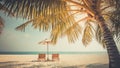 Sunset beach banner getaway couple destination scenic, honeymoon wallpaper. Palm tree idyllic sky sea sand Royalty Free Stock Photo