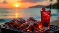 Sunset beach bbq with grilled chicken and refreshing red drink Royalty Free Stock Photo