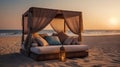 Sunset on the beach with a bed and pillows on the sand. Generative AI