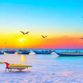 Sunset on the beach with boats in the sea and seagulls flying overhead Royalty Free Stock Photo