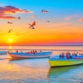 Sunset on the beach with boats in the sea and seagulls flying overhead Royalty Free Stock Photo