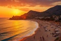 Sunset on the beach in Calpe, Alicante, Spain, Kaputas beach. People enjoy sun and sea at the beautiful turquoise sea and sandy Royalty Free Stock Photo