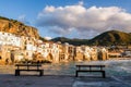 Sunset at the beach of Cefalu Sicily, old town of Cefalu Sicilia panoramic view at the colorful village Royalty Free Stock Photo