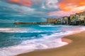 sunset at the beach of Cefalu Sicily, old town of Cefalu Sicilia panoramic view at the colorful village Royalty Free Stock Photo