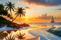 Sunset on the beach with coconut palms and sailboat