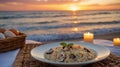 Risotto Seafood Dinner with Candlelight at Beach Sunset for Romantic Dining Royalty Free Stock Photo