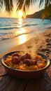 Sunset beach dinner with steaming paella by ocean shoreline Royalty Free Stock Photo
