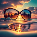 Sunset on the beach of dreams, a beautiful and gorgeous sunglasses, the lens reflects the enchanting water magic park