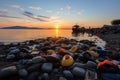 Sunset on the beach full of rubber tires that refugees used to search for the dangerous Mediterranean route to Europe Royalty Free Stock Photo