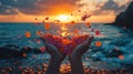 Sunset beach hands release flowers, sea waves background Royalty Free Stock Photo