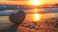 Sunset at the beach with a heart-shaped stone placed gently on the sand, Ai Generated Royalty Free Stock Photo