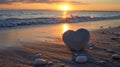 Sunset at the beach with a heart-shaped stone placed gently on the sand, Ai Generated Royalty Free Stock Photo