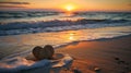 Sunset at the beach with a heart-shaped stone placed gently on the sand, Ai Generated Royalty Free Stock Photo