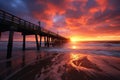 Sunset on the beach in Huntington Beach, Orange County, California, long tall pier at sunset, small waves rolling in, AI Generated Royalty Free Stock Photo