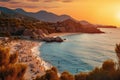 Sunset on the beach of Kefalonia, Greece, Kaputas beach. People enjoy sun and sea at the beautiful turquoise sea and sandy beach