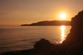 Sunset beach, mountain. Adriatic sea. Montenegro. Royalty Free Stock Photo