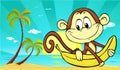 Sunset on beach with palm and cute monkey and banana - vector