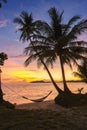 sunset on the beach with palm tree and hammock, Koh Mak Island Thailand Royalty Free Stock Photo