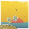 Sunset beach with palm tree retro color wallpaper background