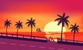 Sunset beach palm trees silhouettes, summertime, tropical sea, ocean, highway road. Panorama colorful horison orange Sun