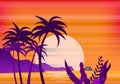 Sunset beach palm trees silhouettes, summertime, tropical sea, ocean. Panorama colorful of mountains, horison orange Sun