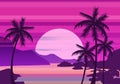 Sunset beach palm trees silhouettes, summertime, tropical sea, ocean. Panorama colorful of mountains, horison orange Sun