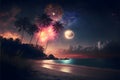 Sunset on the beach palm trees water, sand, moon and fireworks. New Year\'s fun and festiv Royalty Free Stock Photo