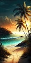 Sunset Beach Palms Sea Mobile Wallpaper. Generative AI Royalty Free Stock Photo