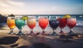 Sunset beach party: Fresh cocktails, fruity and refreshing, with ice generated by AI