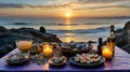Beachfront Bliss: Candlelit Clams and Sunset Dinner Ambience on the Shoreline Royalty Free Stock Photo