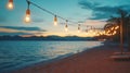 Sunset Beach Scene with String Lights Royalty Free Stock Photo