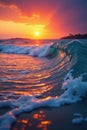 Sunset beach scene, vibrant colors, framed waves, sunset, coast, twilight Royalty Free Stock Photo