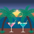 Sunset beach with sea, palm trees and glasses of cocktails. Tropical beach party vector illustration. Vacation and relax concept