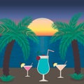 Sunset beach with sea, palm trees and glasses of cocktails. Tropical beach party vector illustration. Vacation and relax concept