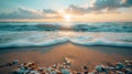 Sunset on the beach with sea waves and pebbles. Royalty Free Stock Photo