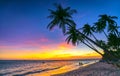 Sunset on the beach with silhouette couple, tilted coconut trees, Royalty Free Stock Photo