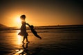 Sunset, beach and silhouette of a mother and girl playing on the sand while on summer vacation. Family, fun and happy Royalty Free Stock Photo