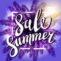 Sunset on the beach Summer sale violet background with palm. Vector banner