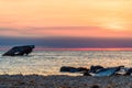 Sunset Beach and the sunken SS Atlantic at sunset in early spring with warm vivid light - Cape May Point NJ Royalty Free Stock Photo