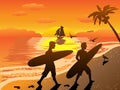 Sunset beach surfers illustraion Royalty Free Stock Photo