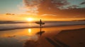 Sunset on a beach of surfers in the pacific ocean