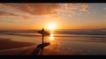 Sunset on a beach of surfers in the pacific ocean