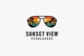 Sunset beach view in glasses logo design Royalty Free Stock Photo
